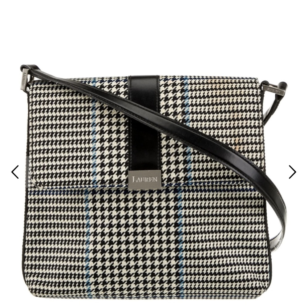 Lauren Ralph Lauren Shoulder Bag Houndstooth Leather Black Blue Silver EUC